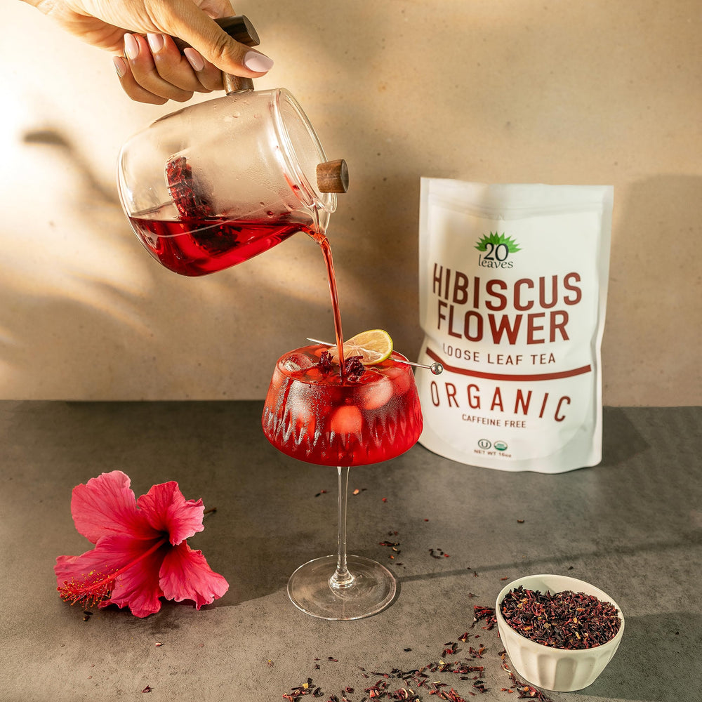 20 Leaves hibiscus petals to cup highlighting floral-tart infusion potential