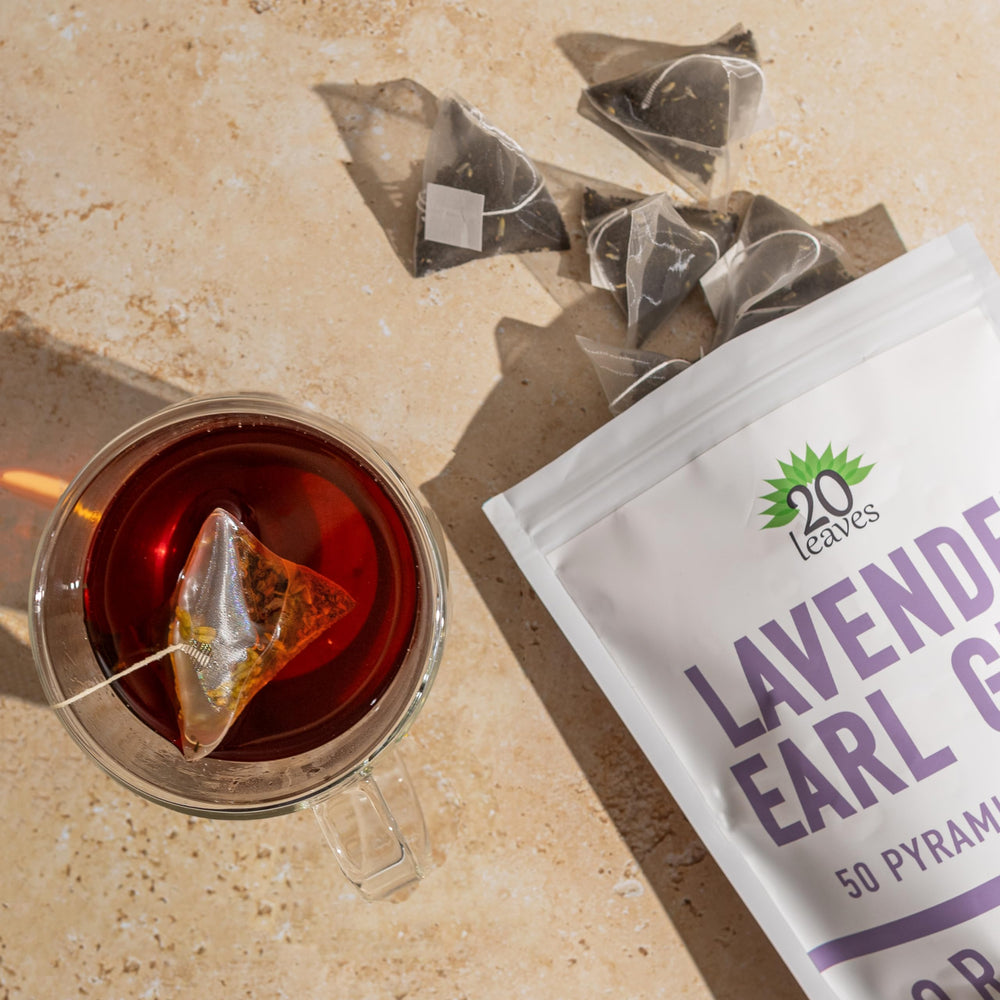 20 Leaves Pyramid tea bags ready for fast, full-flavor infusions.