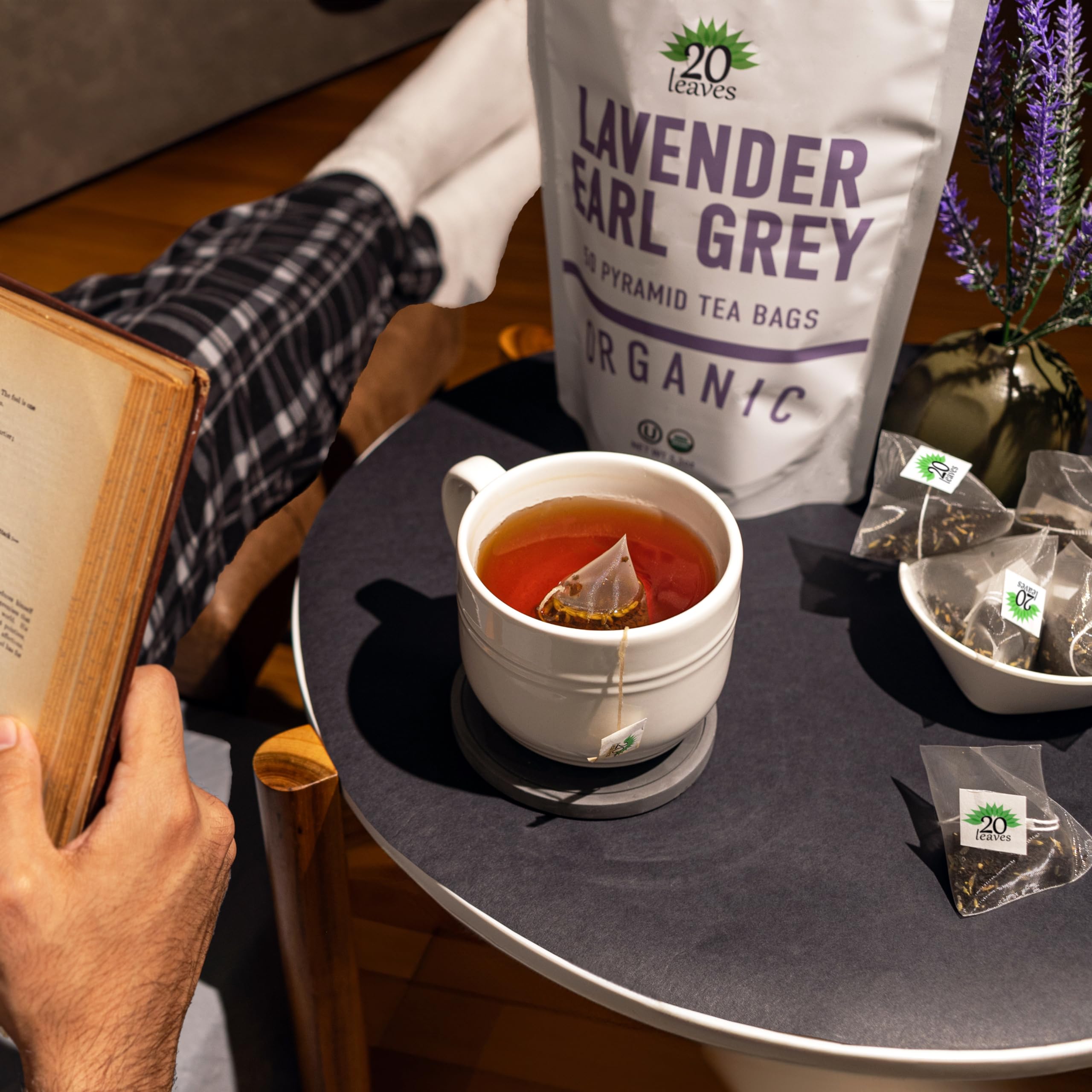 20 Leaves resealable bag preserves freshness of 50 pyramid tea bags.