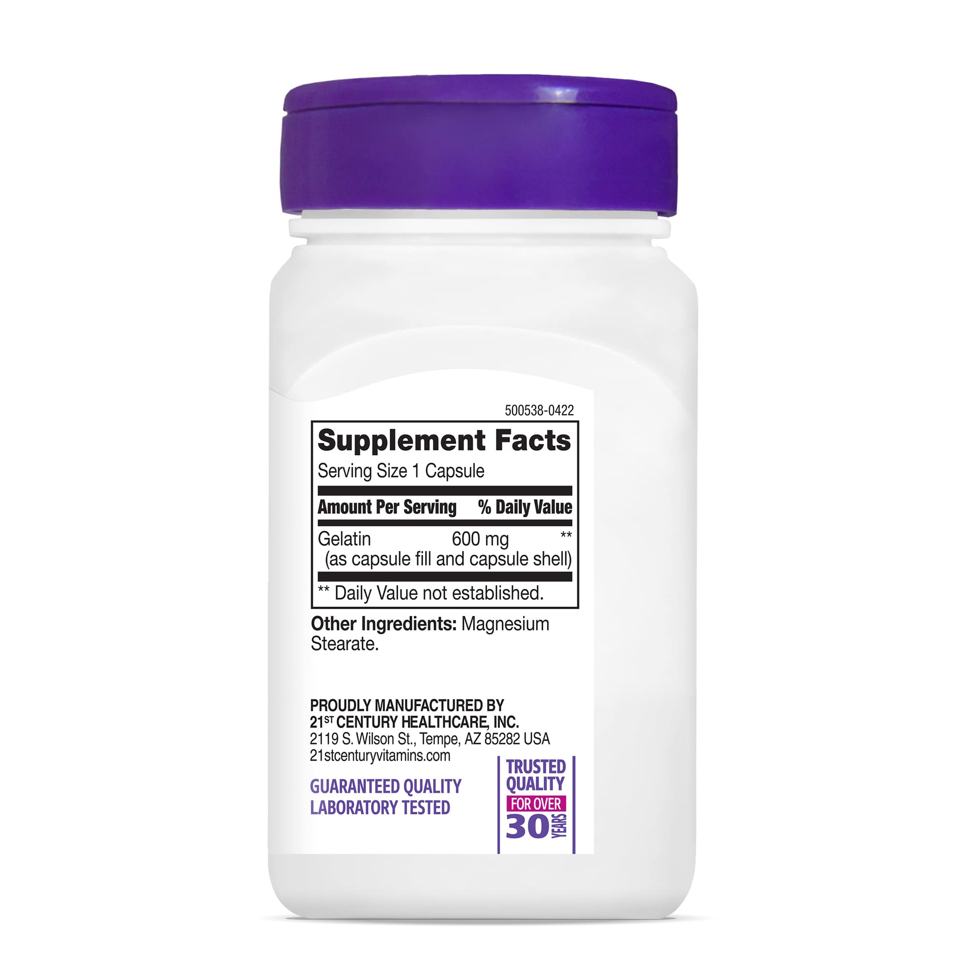 21st Century Gelatin bottle open with capsules beside skincare items