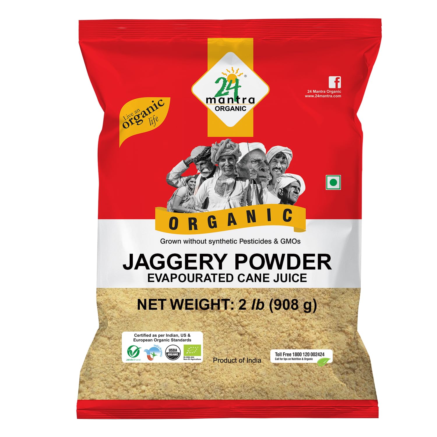 24 Mantra Organic jaggery powder in resealable packaging, ideal for natural sweetening.