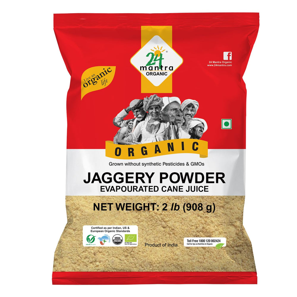 24 Mantra Organic jaggery powder in resealable packaging, ideal for natural sweetening.