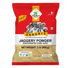 24 Mantra Organic jaggery powder in resealable packaging, ideal for natural sweetening.
