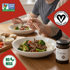 Stir-fry pan with 24Vegan Oyster Sauce coating adds depth