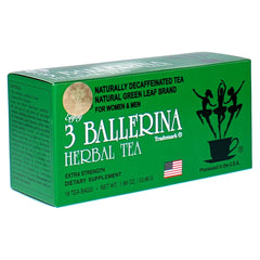 Close-up of the 3 Ballerina Diet Tea Extra Strength label, indicating a caffeine-free herbal blend.