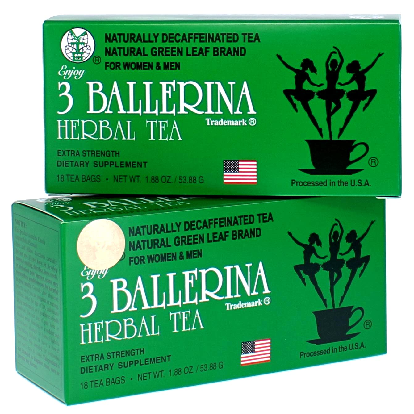 3 Ballerina Herbal Tea Extra Strength boxes show packaging, caffeine-free option.