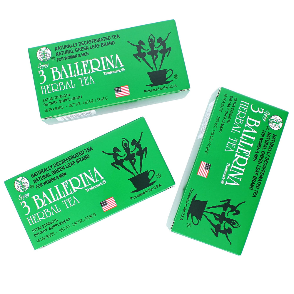 Organic, caffeine-free label on 3 Ballerina Tea Dieters Extra Strength packaging