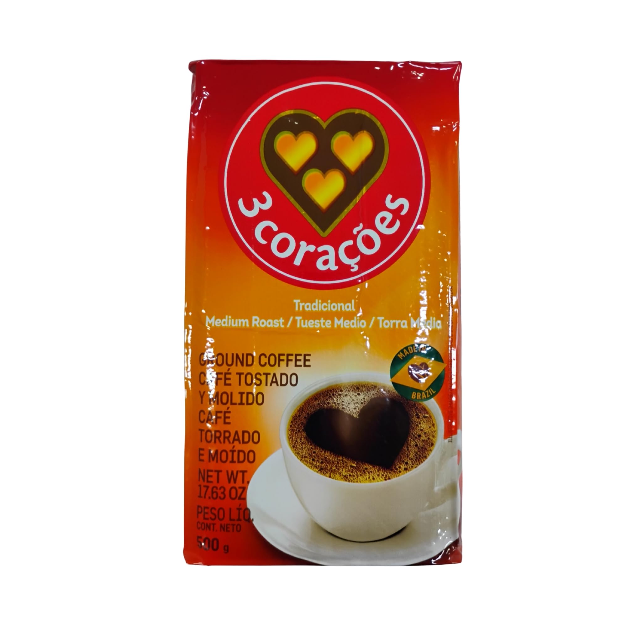 3 CORAÇÕES traditional ground coffee bag with rich aroma and balanced flavor.