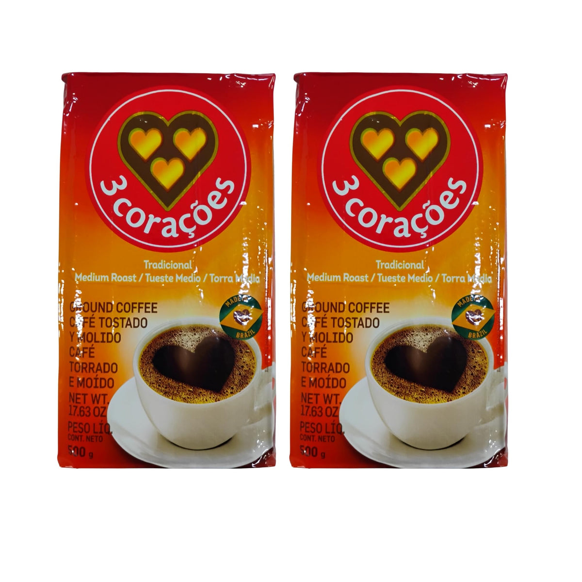 3 CORAÇÕES traditional ground coffee pack front view showing balanced medium roast.
