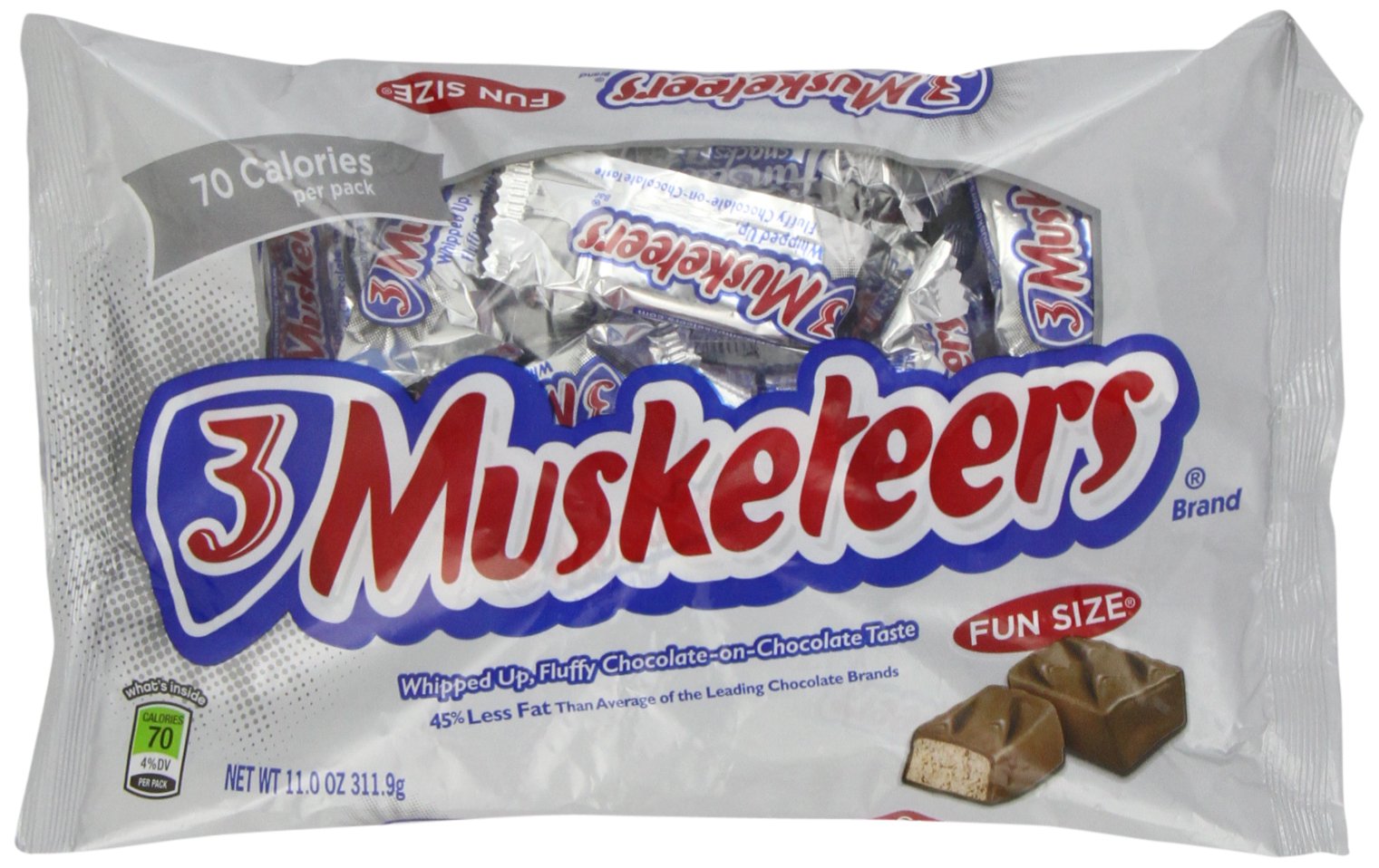 3 Musketeers fun-size bar wrapped, ideal for quick indulgence on the go.