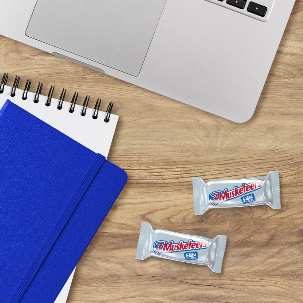 3 Musketeers Fun Size pack beside coffee for a quick afternoon indulgence