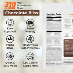 310 Nutrition scoop beside Chocolate Bliss shake demonstrates easy measurement and prep