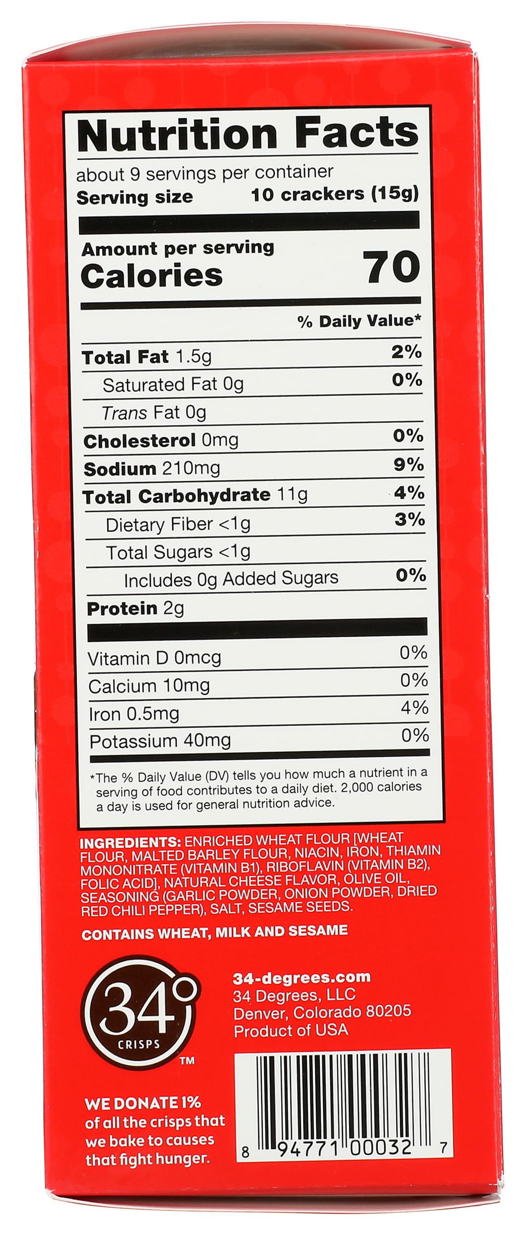 34 Degrees Chili Flake Olive Oil Crisps crisp closeup highlights bold, flavorful chili.