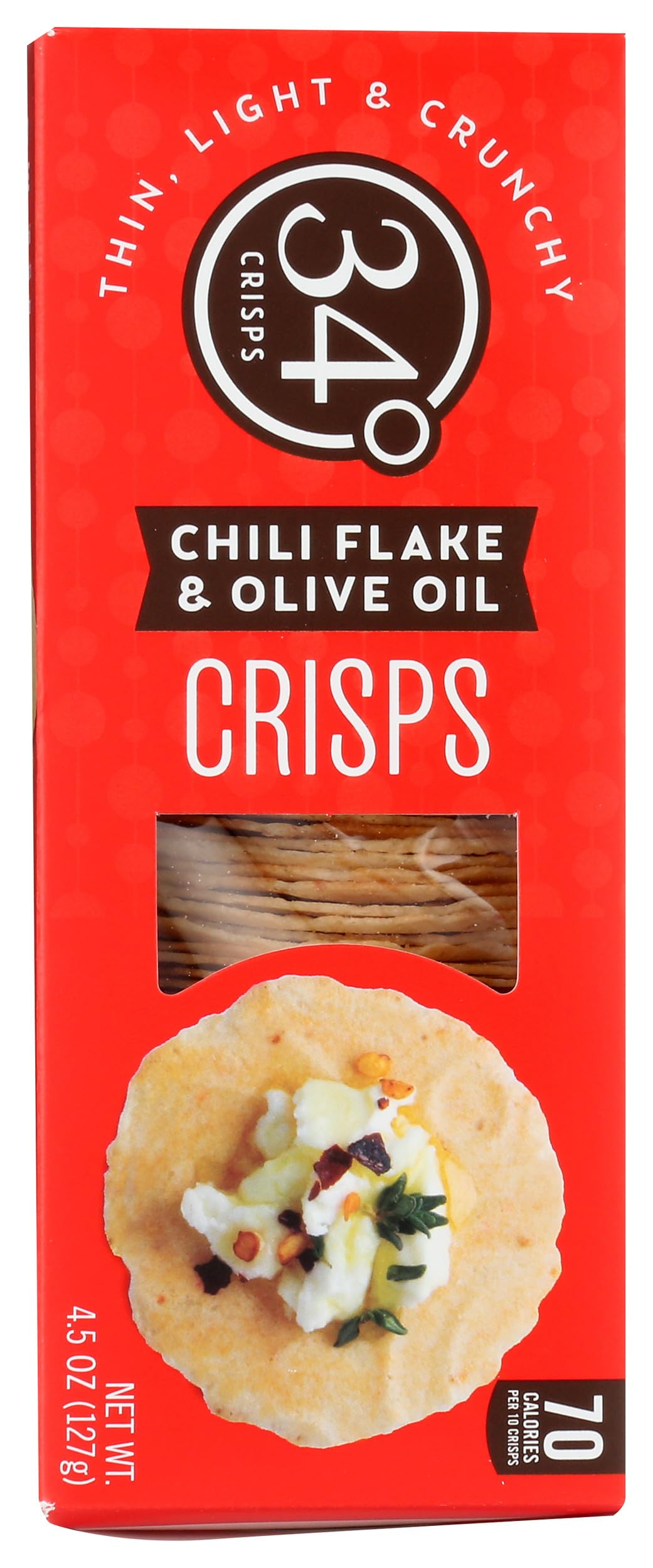 34 Degrees Chili Flake Olive Oil Crisps 4.5 oz bag opened for immediate snacking.