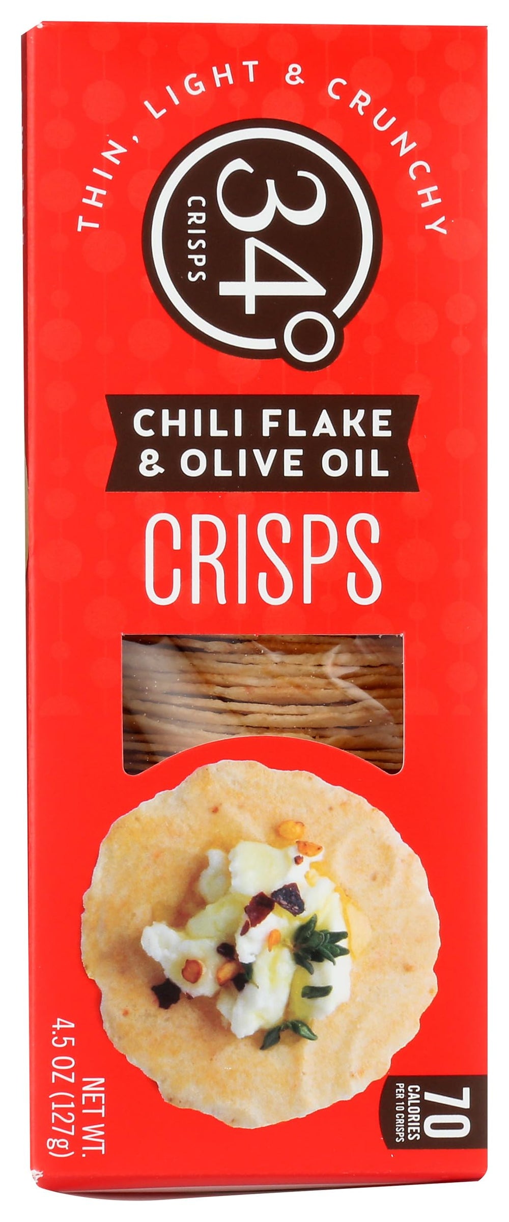 34 Degrees Chili Flake Olive Oil Crisps 4.5 oz bag opened for immediate snacking.
