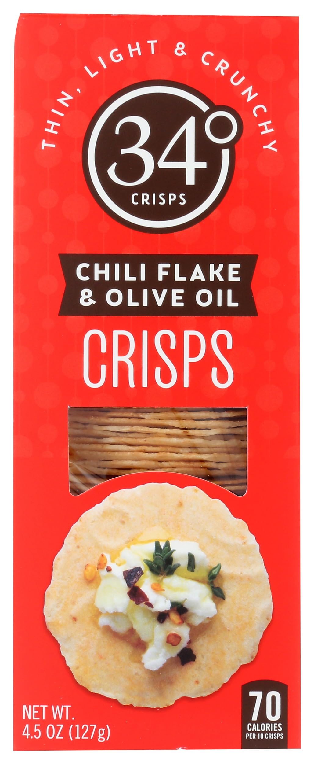34 Degrees Chili Flake Olive Oil Crisps pack shot for on-the-go snacking.