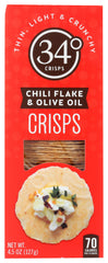 34 Degrees Chili Flake Olive Oil Crisps pack shot for on-the-go snacking.