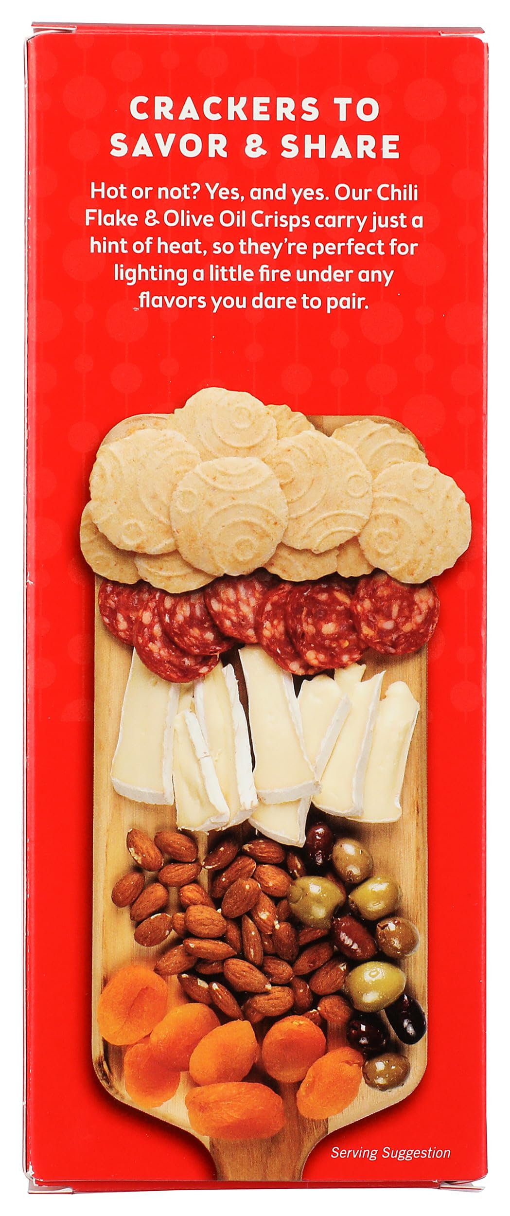 34 Degrees Chili Flake Olive Oil Crisps serving plate with cheese pairing.