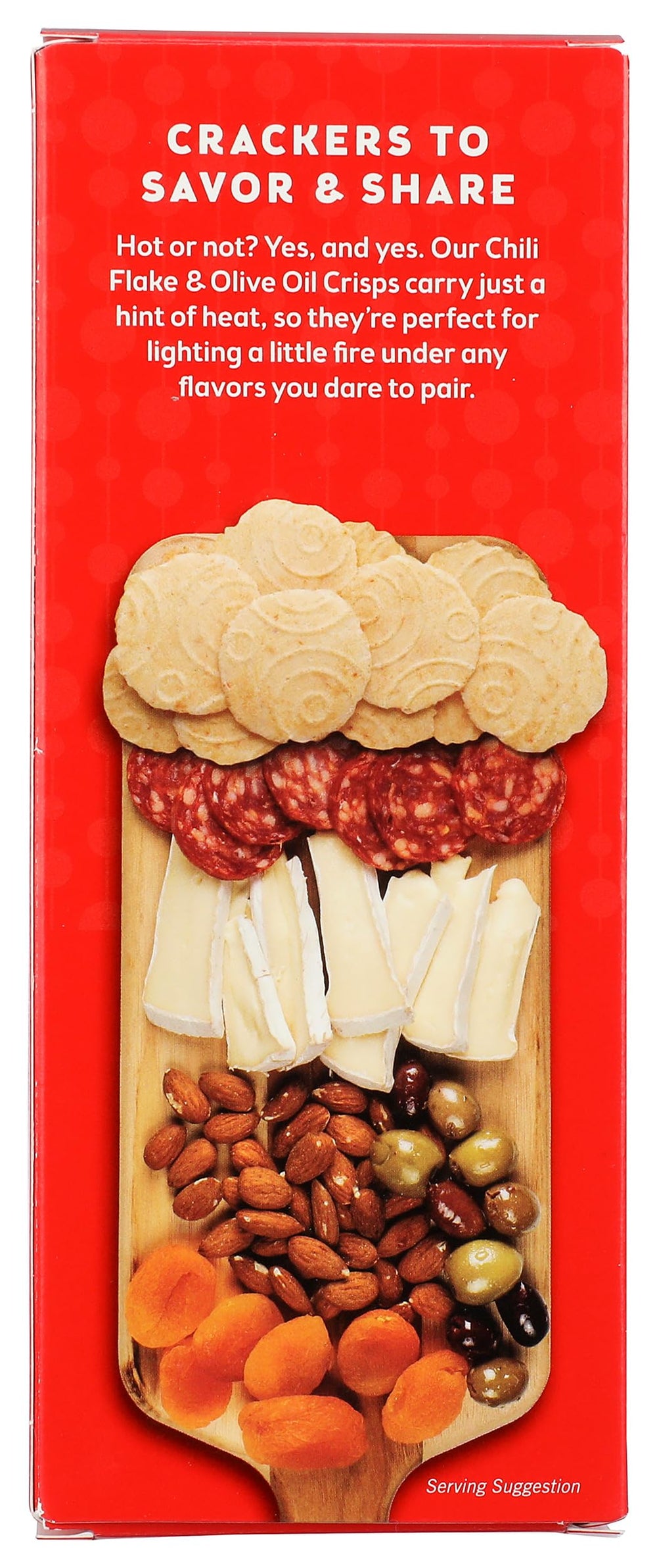 34 Degrees Chili Flake Olive Oil Crisps serving plate with cheese pairing.