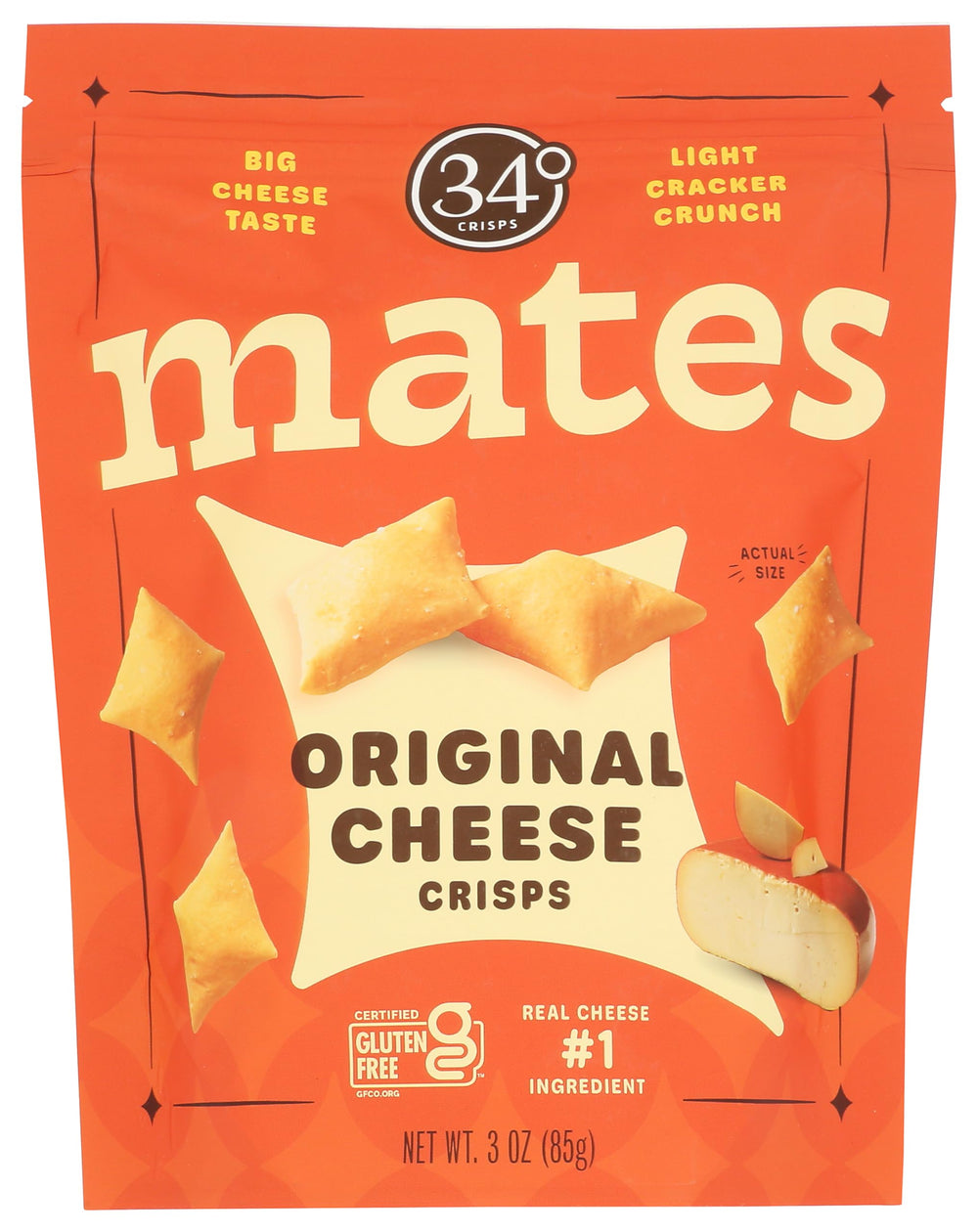 34 Degrees Crisps Original Cheese Mts bag close-up, premium snack for versatile meals.