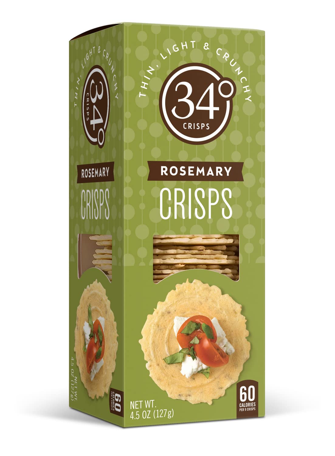 34 Degrees Rosemary Crisps pack shot, a light, crispy snack ideal for entertaining.