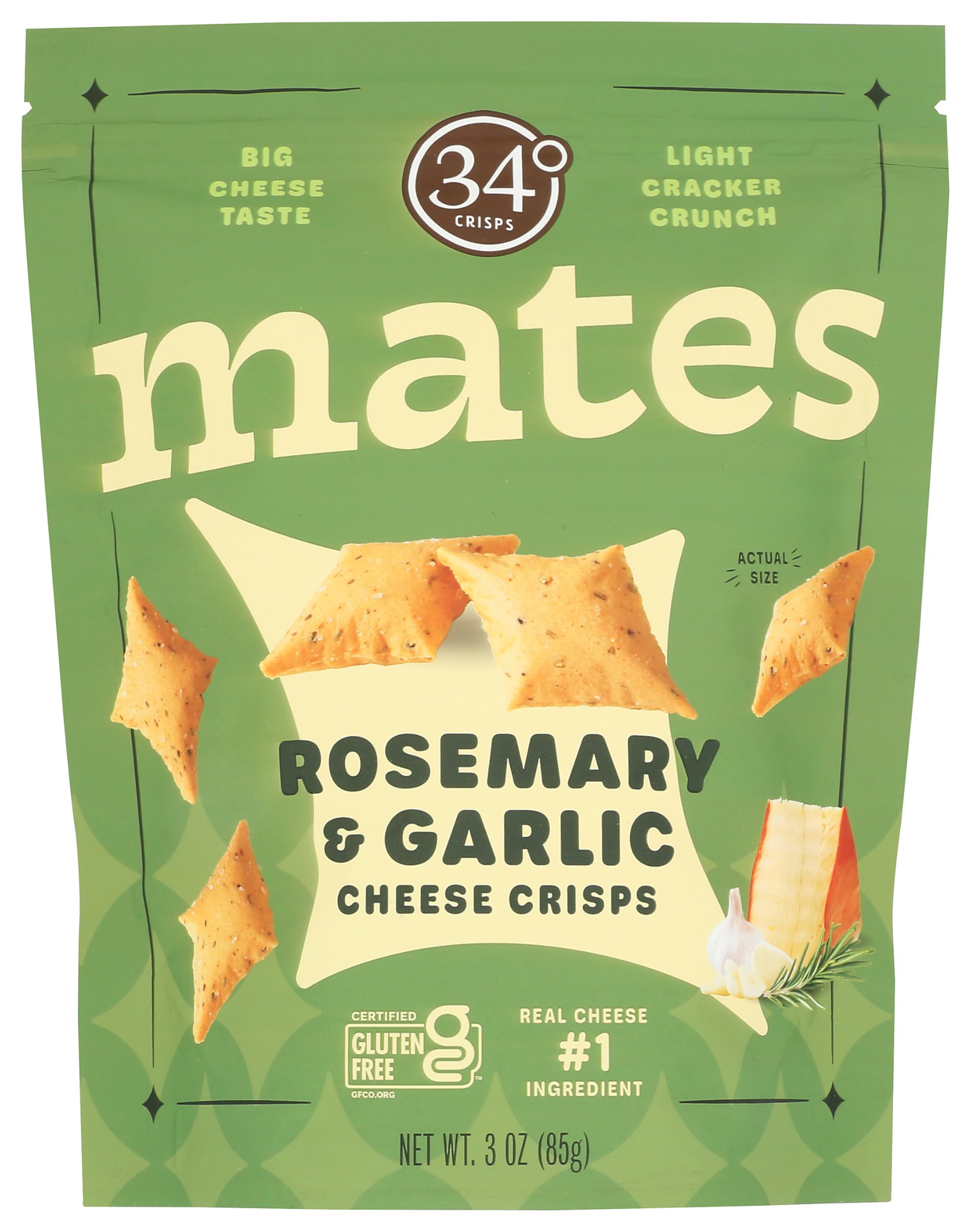 34 Degrees Rosemary and Garlic Cheese Crisps Mates bag front, party-ready snack
