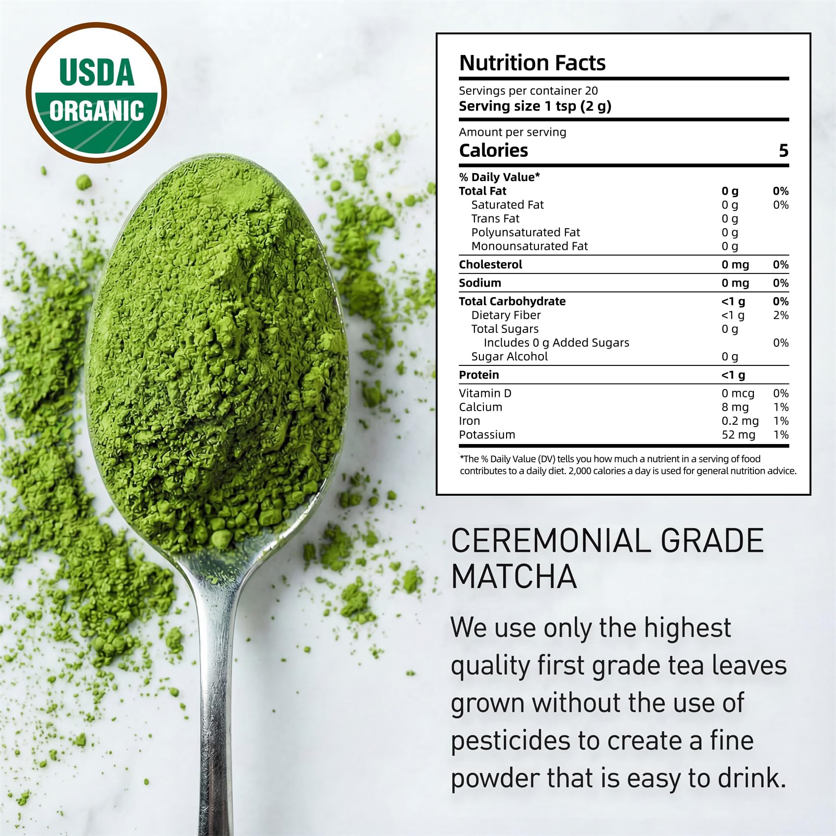 Close-up of 35°N MATCHA first-harvest powder shows ultra-fine texture for smooth whisking.