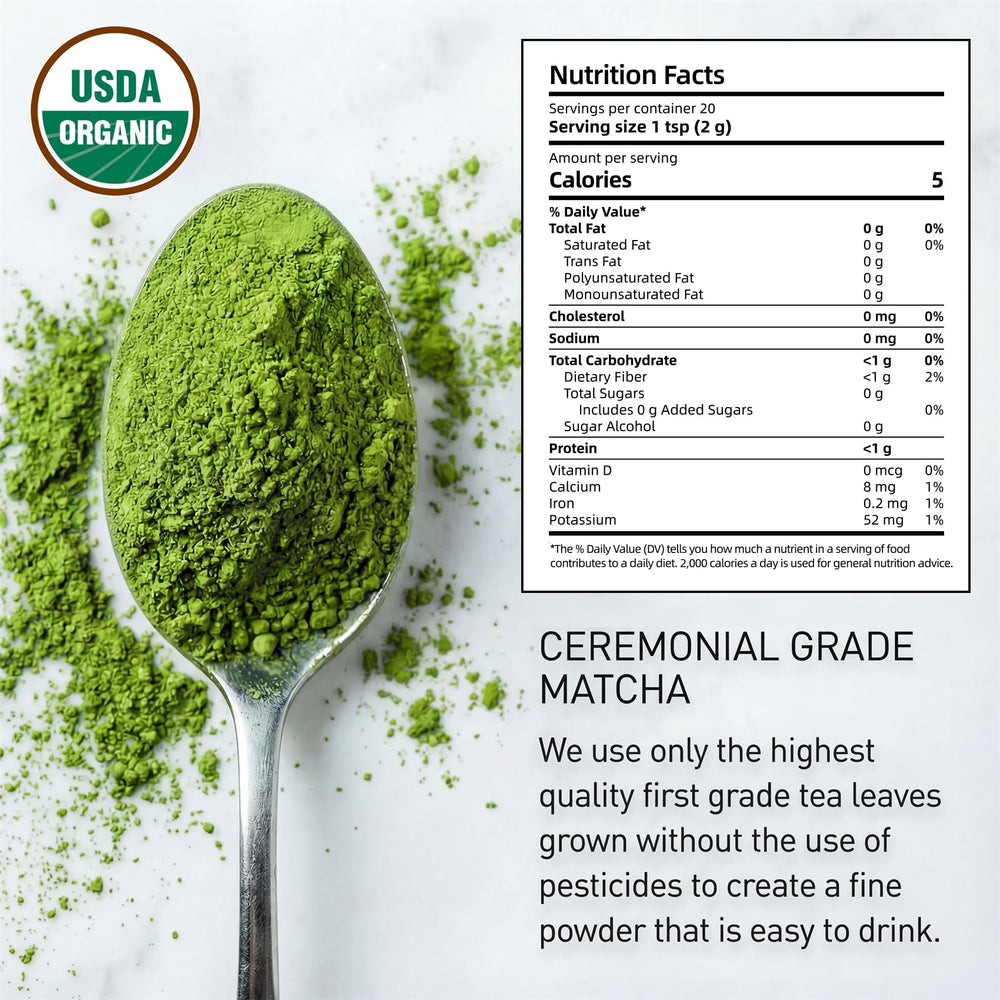 Close-up of 35°N MATCHA first-harvest powder shows ultra-fine texture for smooth whisking.