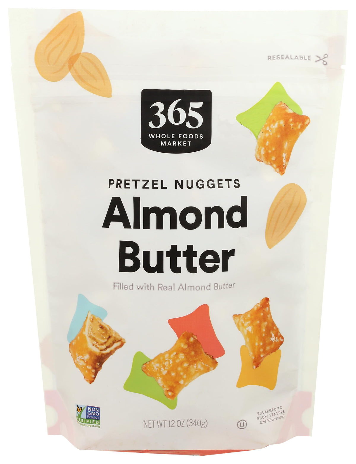 365 by Whole Foods Market almond butter filled pretzel nuggets pack shot, protein-packed snack