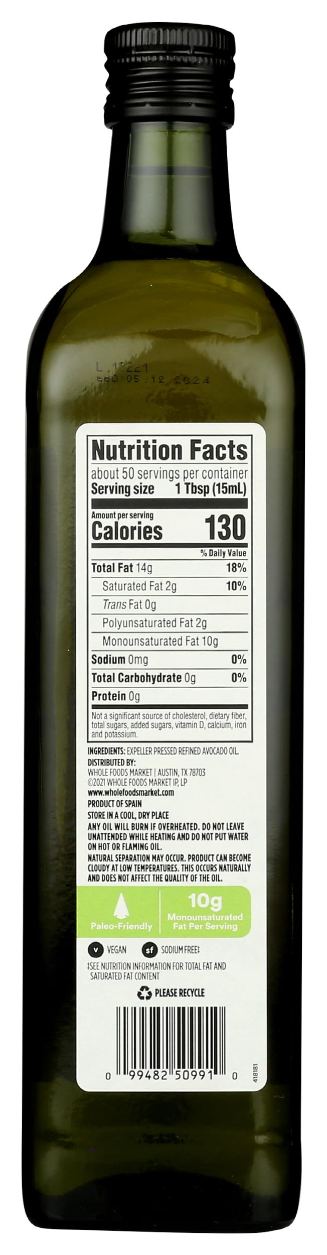 365 Avocado Oil bottle front highlights clean label and versatility.