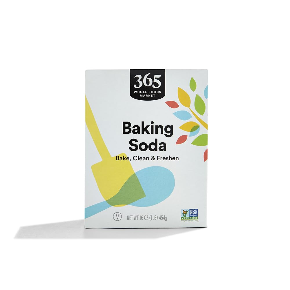 365 by Whole Foods Market Baking Soda 16 oz package on shelf, ideal for baking and household tasks.