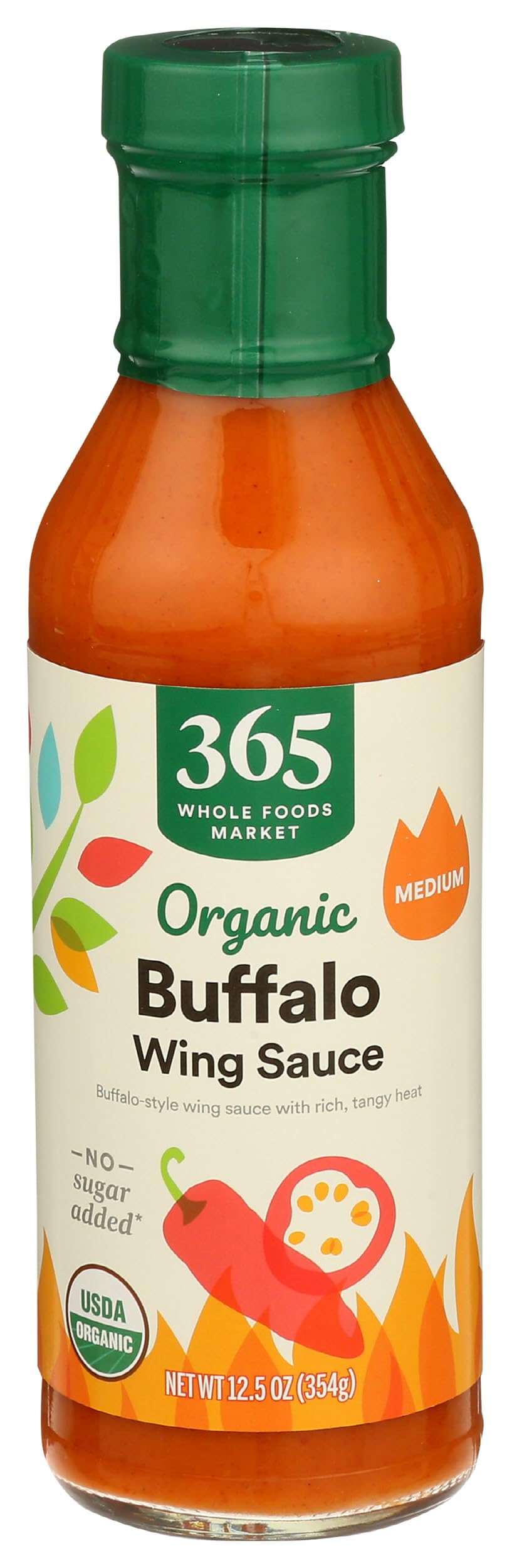 365 by Whole Foods Market Buffalo Wing Sauce bottle front, organic, medium heat option.