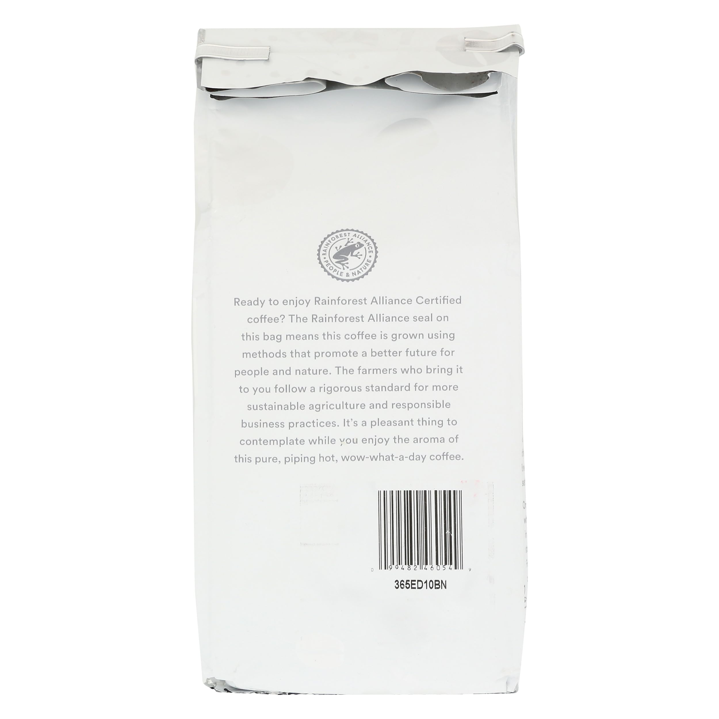 365 by Whole Foods Market Bonne Nuit ground coffee bag label highlighting ethical sourcing