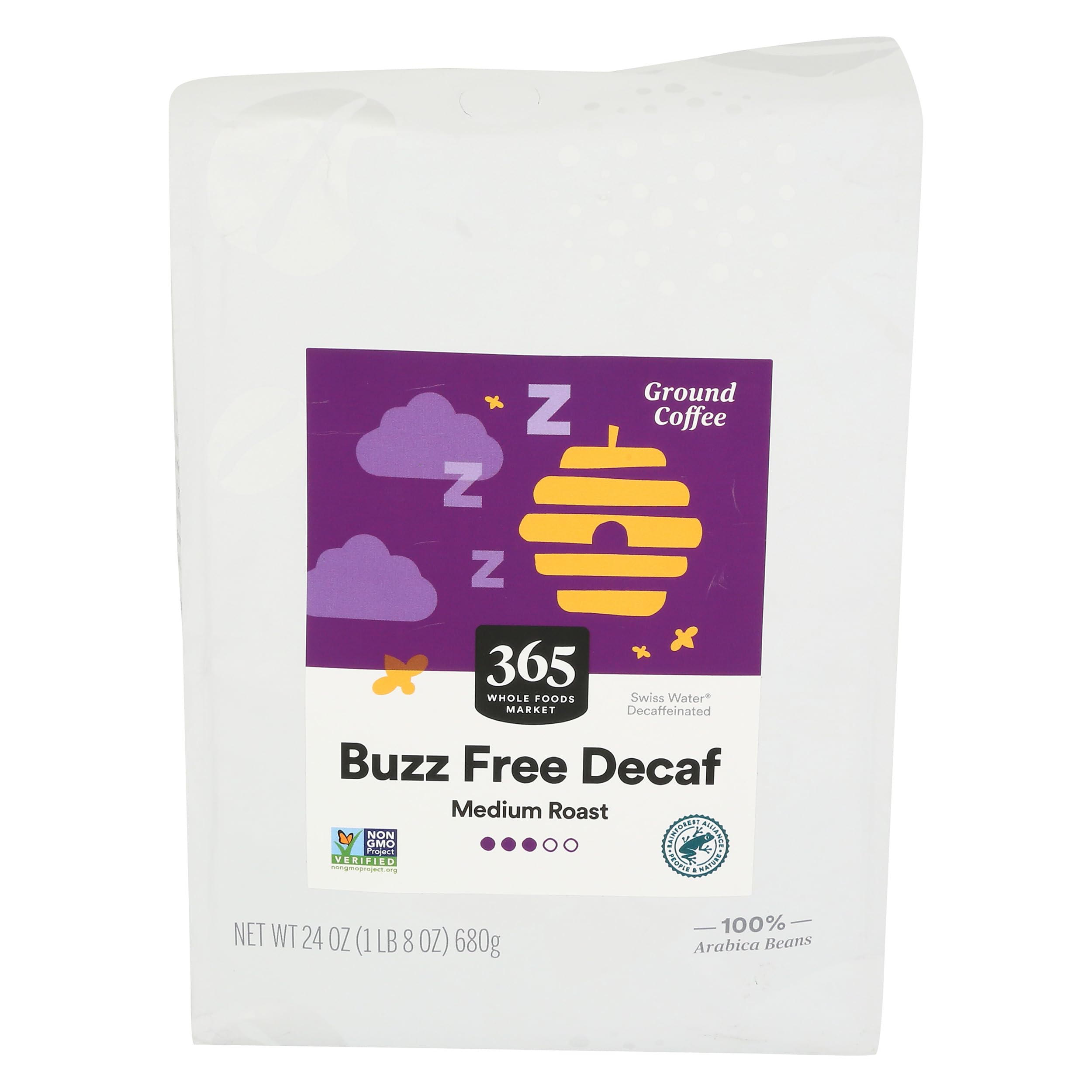 365 by Whole Foods Buzz Free Decaf Ground Coffee 24oz pack shot highlights full-bodied flavor potential
