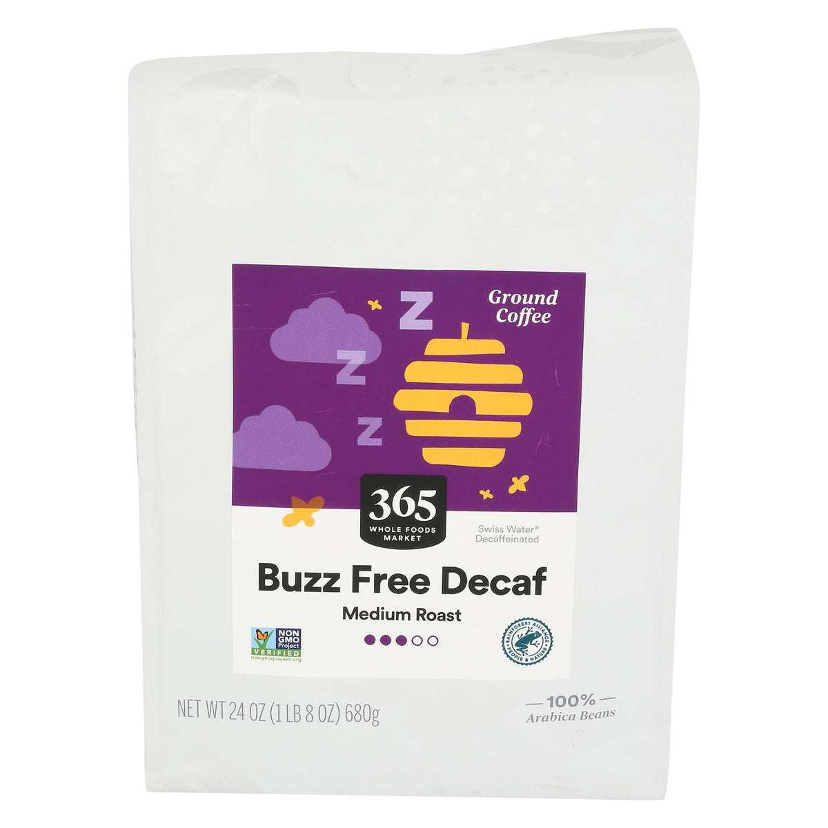 365 by Whole Foods Buzz Free Decaf Ground Coffee 24oz pack shot highlights full-bodied flavor potential
