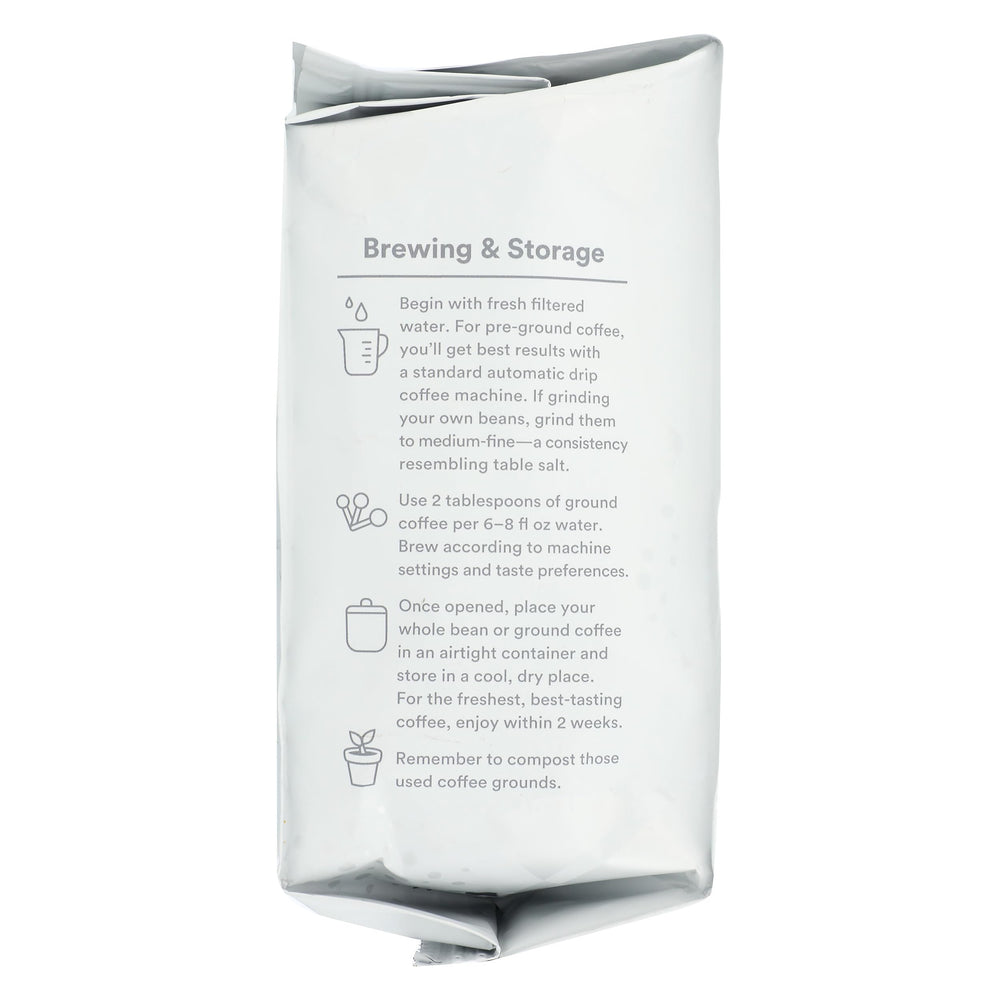 365 by Whole Foods Buzz Free Decaf Ground Coffee label kosher closeup emphasizes certified quality