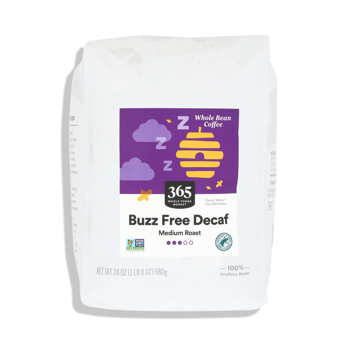 365 by Whole Foods Buzz Free decaf coffee beans ready for brewing