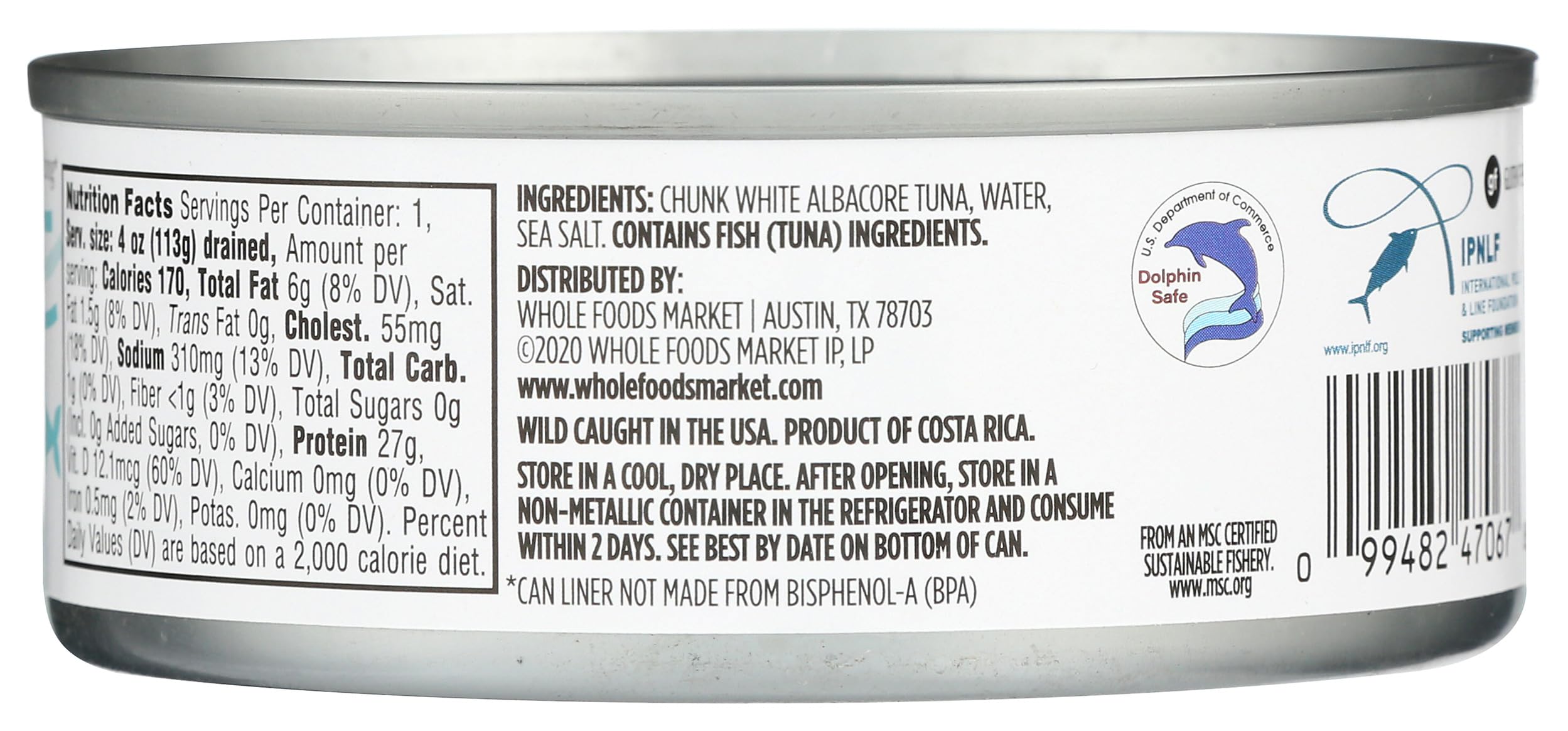 365 by Whole Foods Market albacore tuna in water closeup shows clean label and simple ingredients
