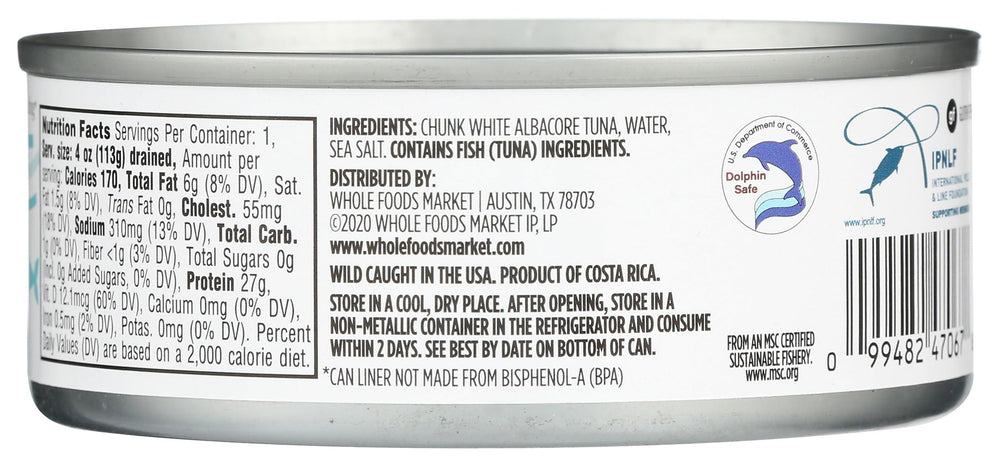 365 by Whole Foods Market albacore tuna in water closeup shows clean label and simple ingredients