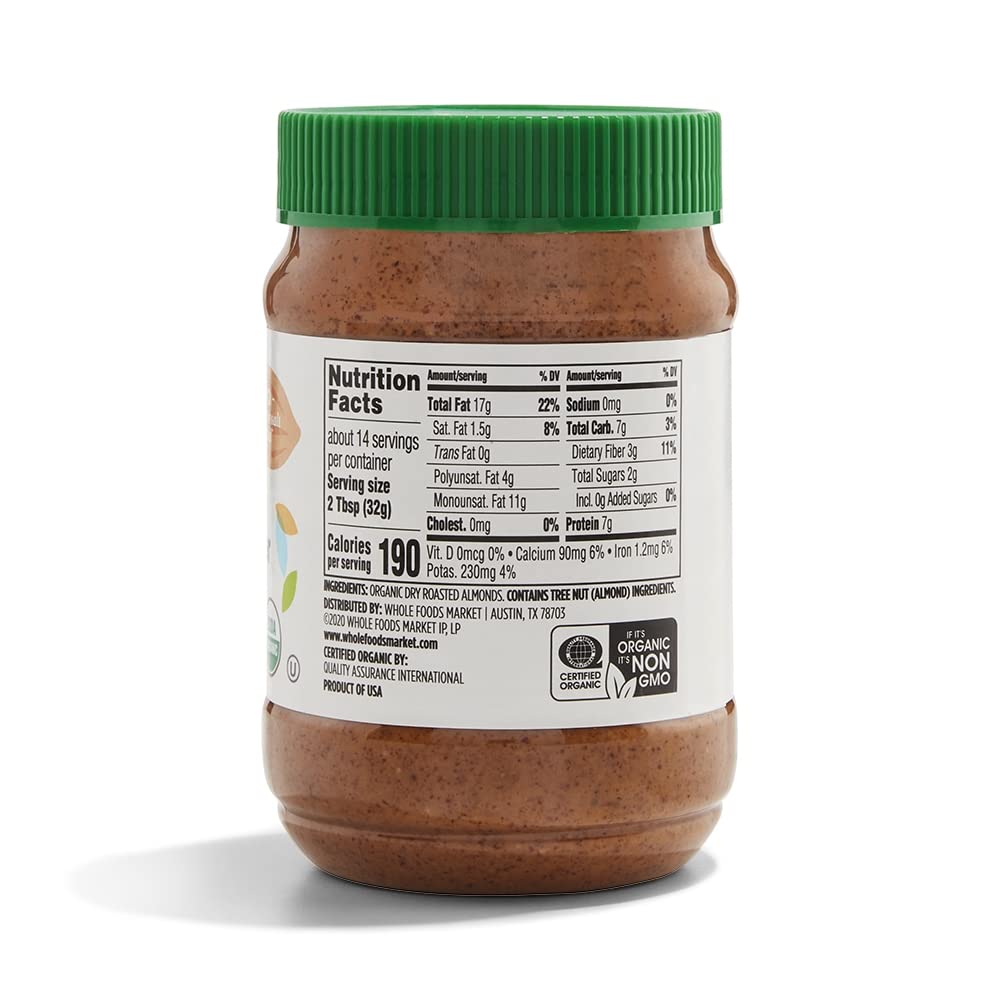 365 by Whole Foods Market almond butter label closeup highlighting unsweetened ingredients
