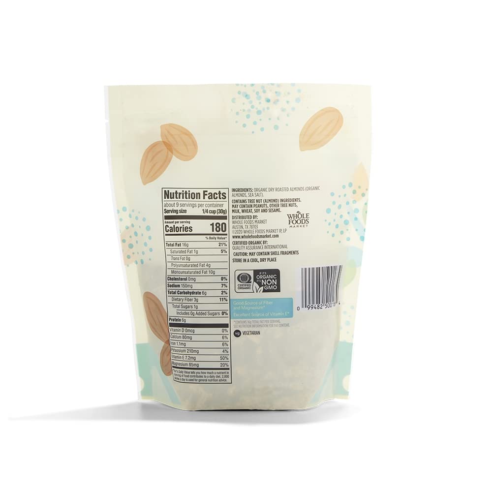 365 by Whole Foods Market almonds in a resealable bag preserving freshness and flavor.
