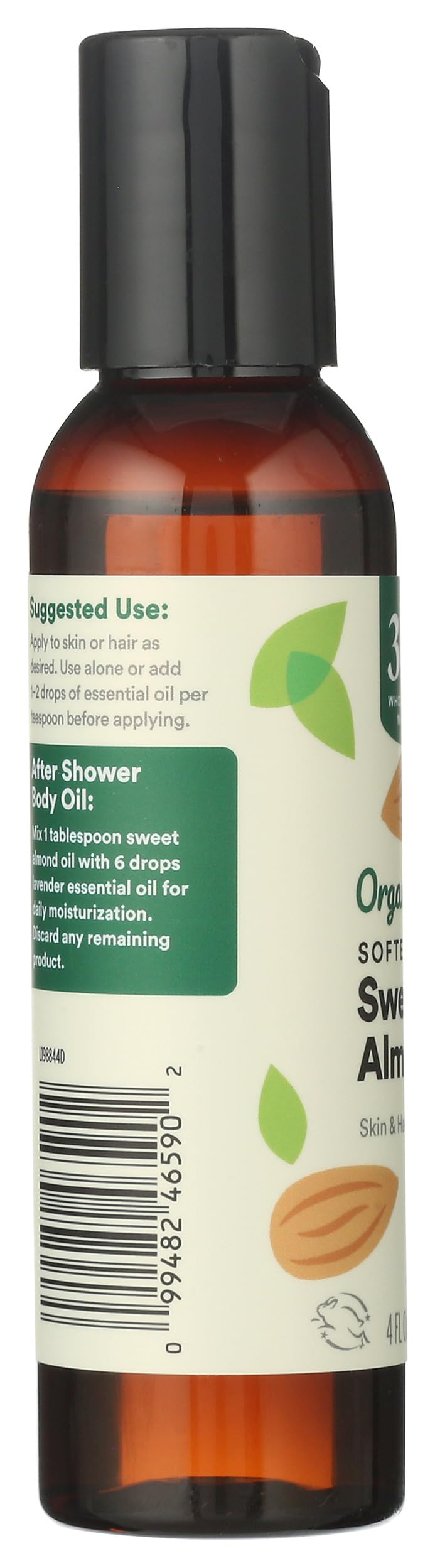Amber glass bottle of almond oil emphasizing pure, organic product for daily use.