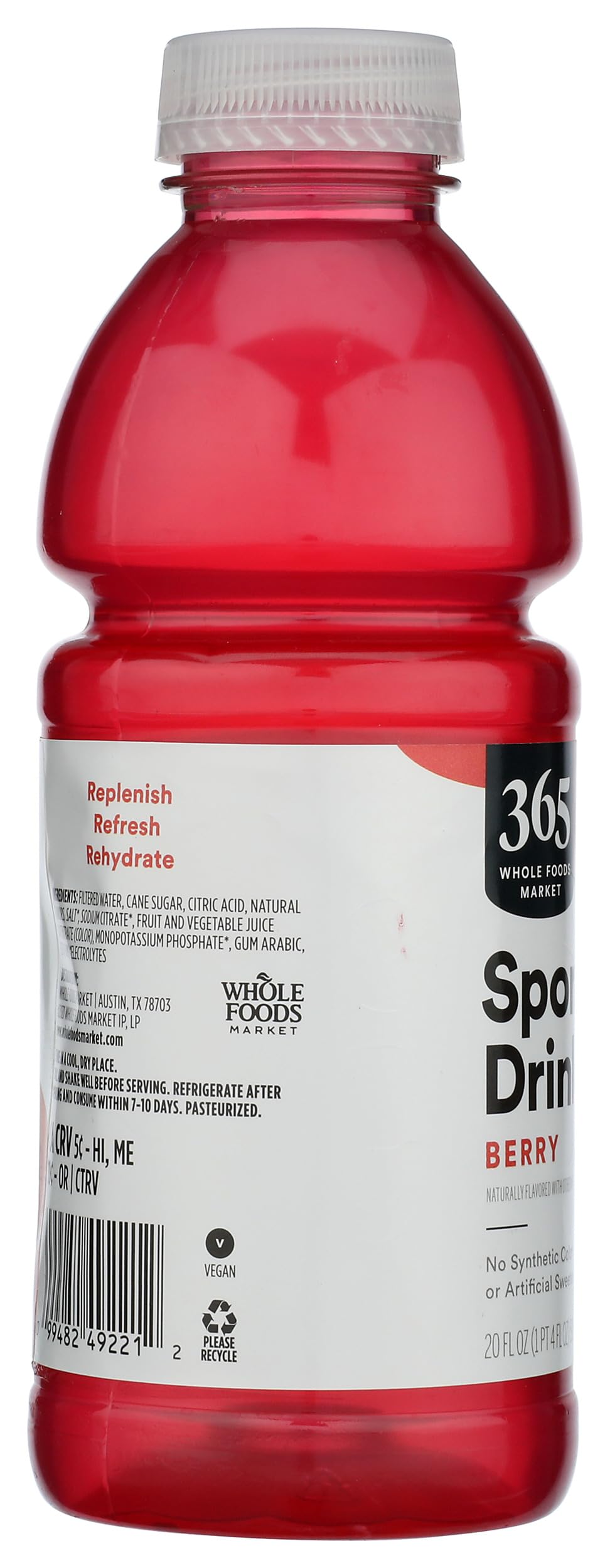 Bottle label of 365 Berry Sports Drink highlights natural flavors for daily vitality
