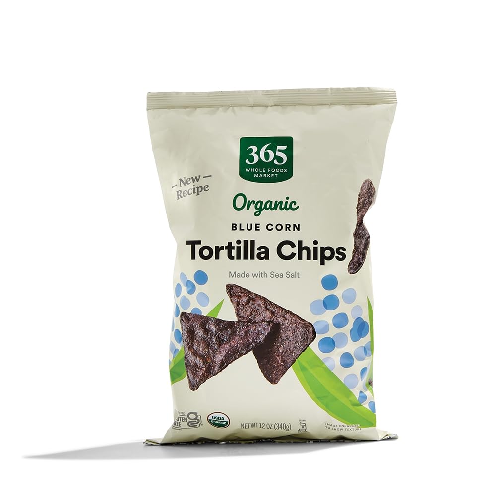 365 by Whole Foods Market blue corn tortilla chips crisp pack showing bold color and crunch.