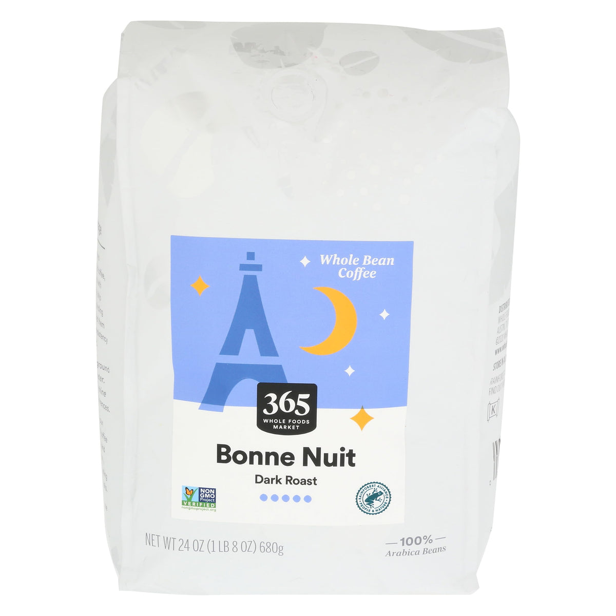 Bonne Nuit coffee bag front showing bold dark roast and ethical sourcing.