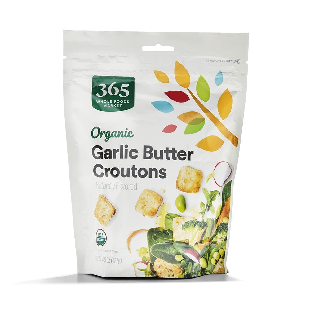 365 by Whole Foods Market butter and garlic croutons pack shot highlighting savory crunch