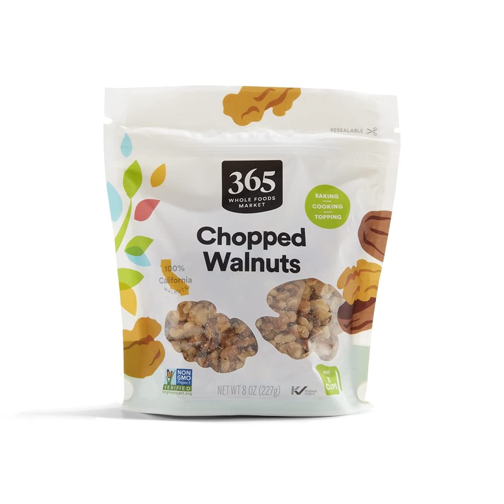 365 by Whole Foods Market chopped walnuts bag front, ready for baking and topping.