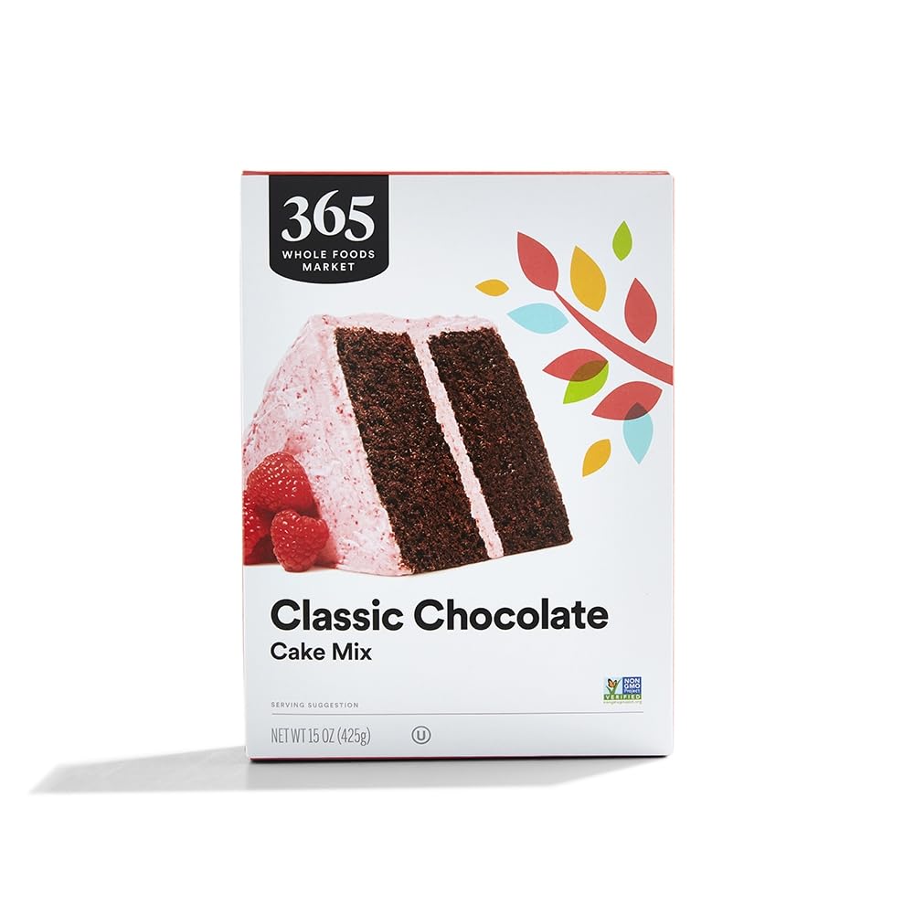 365 by Whole Foods Market Classic Chocolate Cake Mix packaging highlighting organic ingredients and convenient baking.