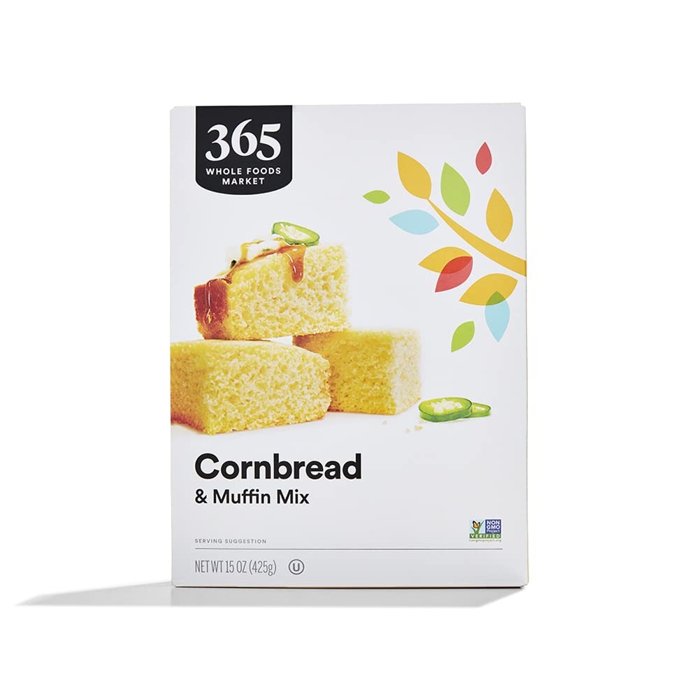365 by Whole Foods Market cornbread mix bag highlighting premium ingredients for versatile baking.