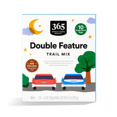 365 by Whole Foods Market double feature trail mix multipack closeup; nuts and chocolate cups ideal for snacking.